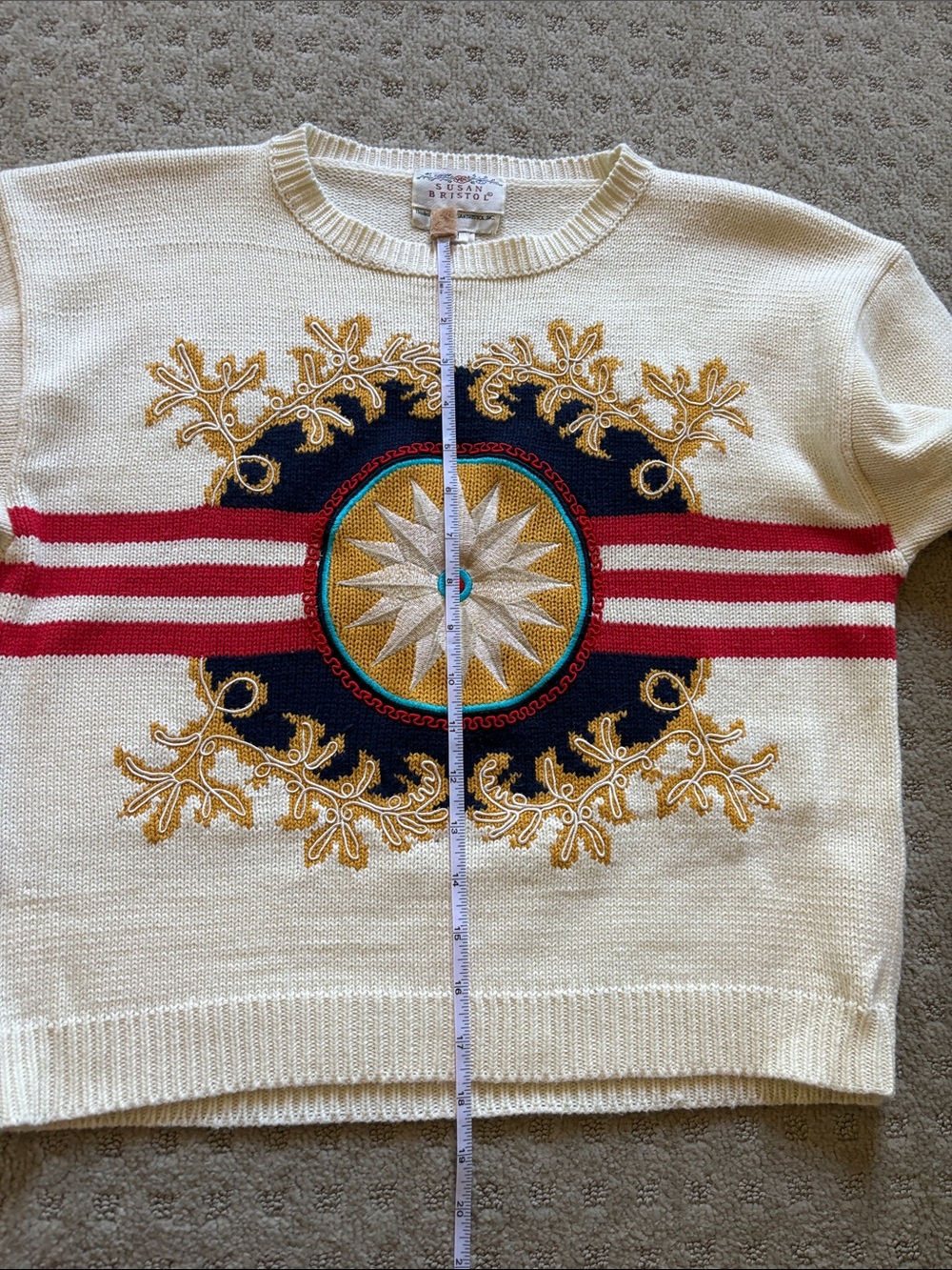 Vintage Susan Bristol Cream Crewneck Sweater with Red, Navy & Gold Medallion - Picture 8 of 12